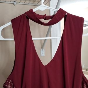 Burgundy choker style dress with lace detail
